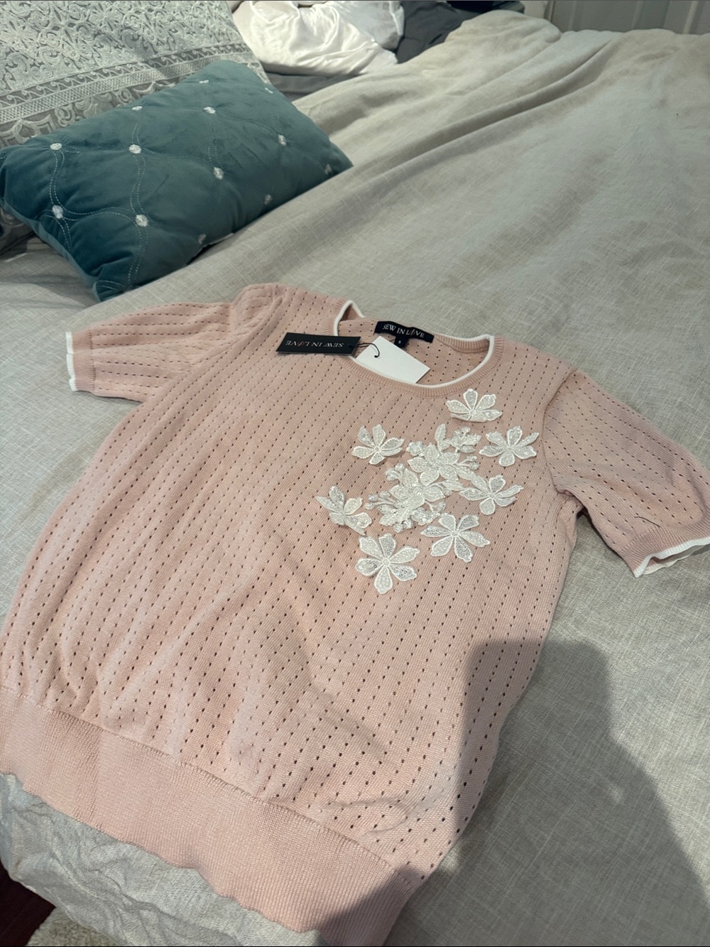 Sew In Love Blush Pink Eyelet Knit Top with White Floral Appliqué